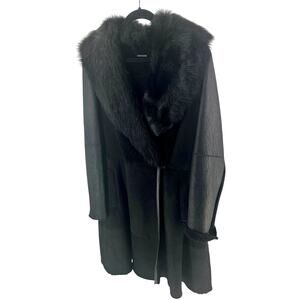 Elie Tahari Black Genuine Shearling Fur Collar Long Coat L
